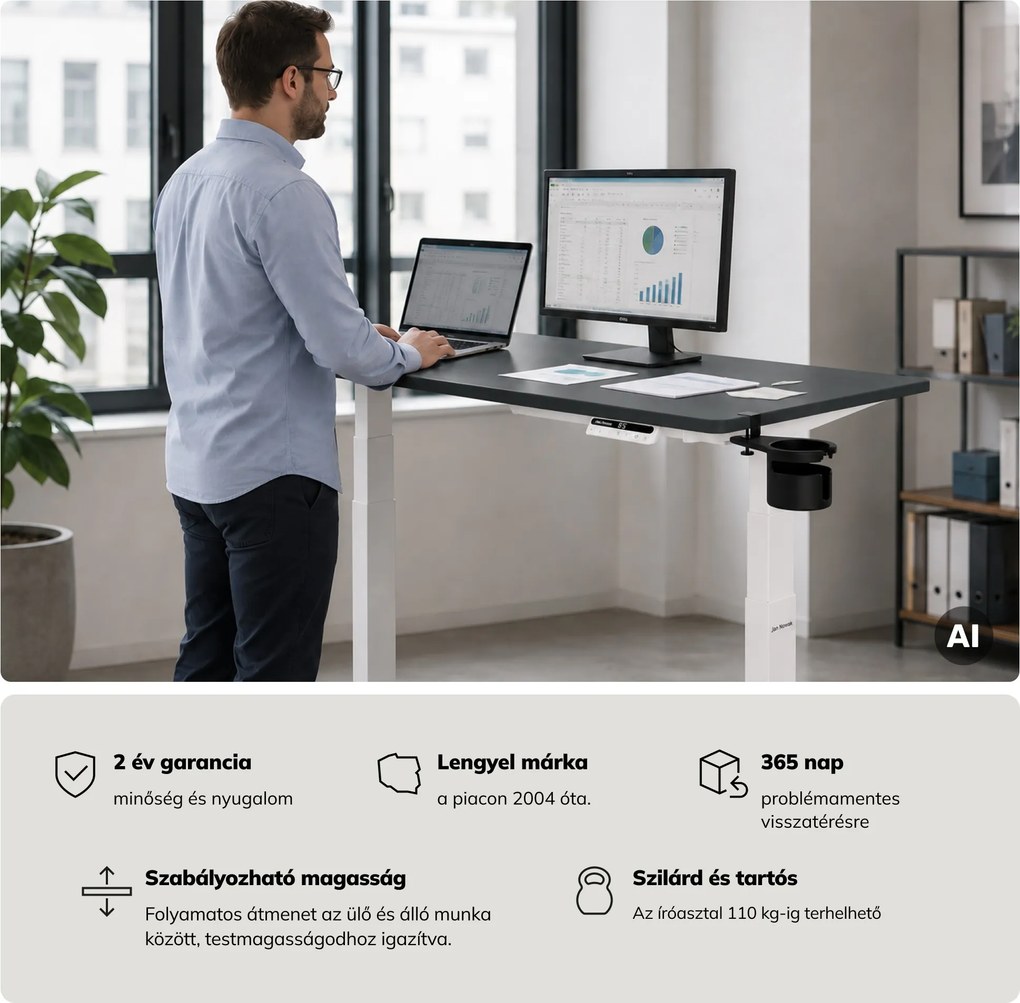 Elektromos, állítható magasságú, ergonomikus, fehér-antracit íróasztal,1200x600 mm: ARIA