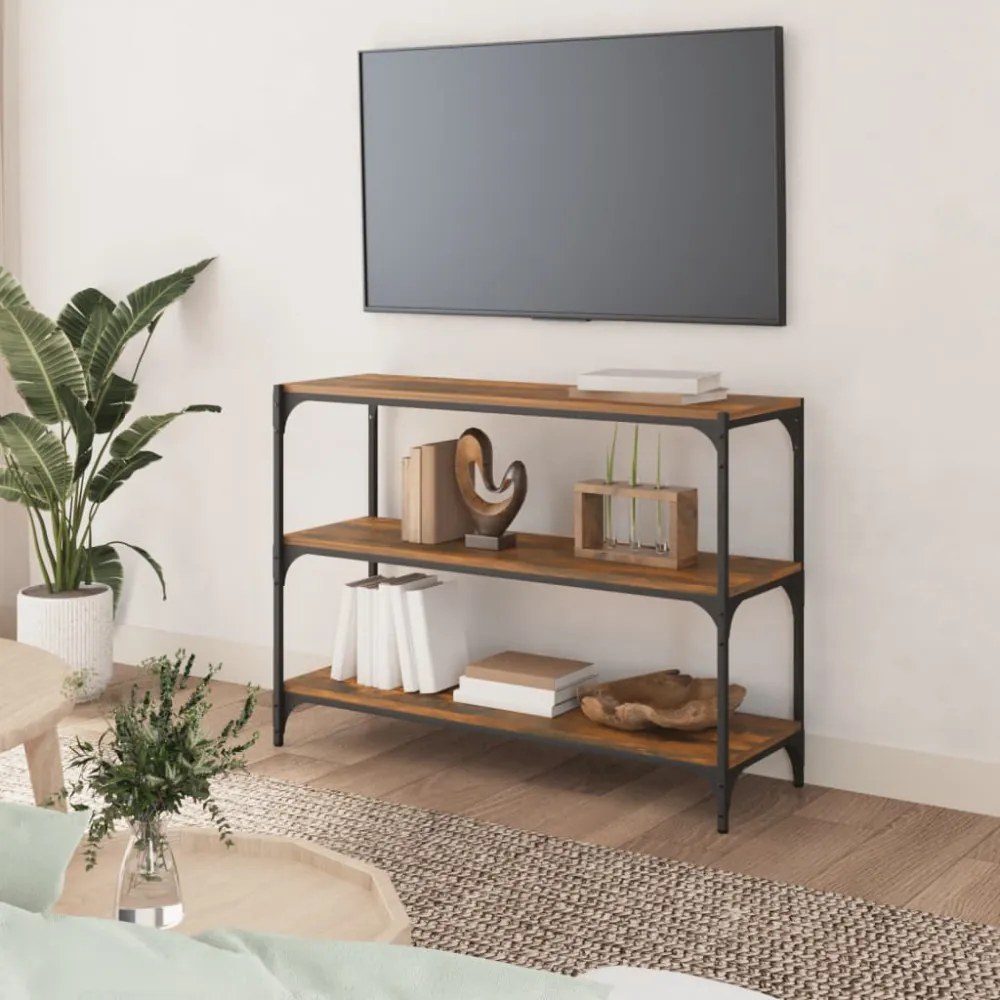 füstös tölgy színű fa és acél könyvszekrény 100 x 33 x 70,5 cm