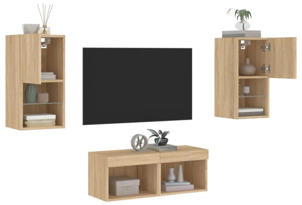 4 darab sonoma tölgy színű falra szerelhető TV-szekrény LED-del