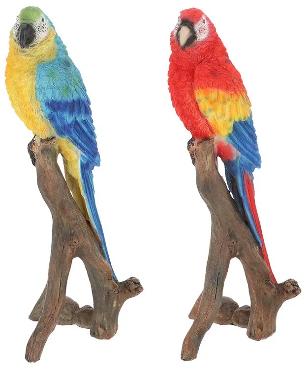 Faágon ülő papagáj polyresin szobor, piros, kültéri és beltéri dekorációs kiegészítő