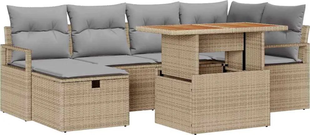 vidaXL Kerti Kanapé Szett párnával tárolóval 7 pcs Bézs polirattan