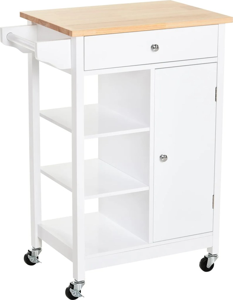 HOMCOM Konyhai Kocsi Segélykocsi Kerekekkel 1 Fiók 1 Szekrény 3 Nyitott Polc Tároláshoz Étkezőbe 66x39.5x86.5 cm Fehér | Aosom