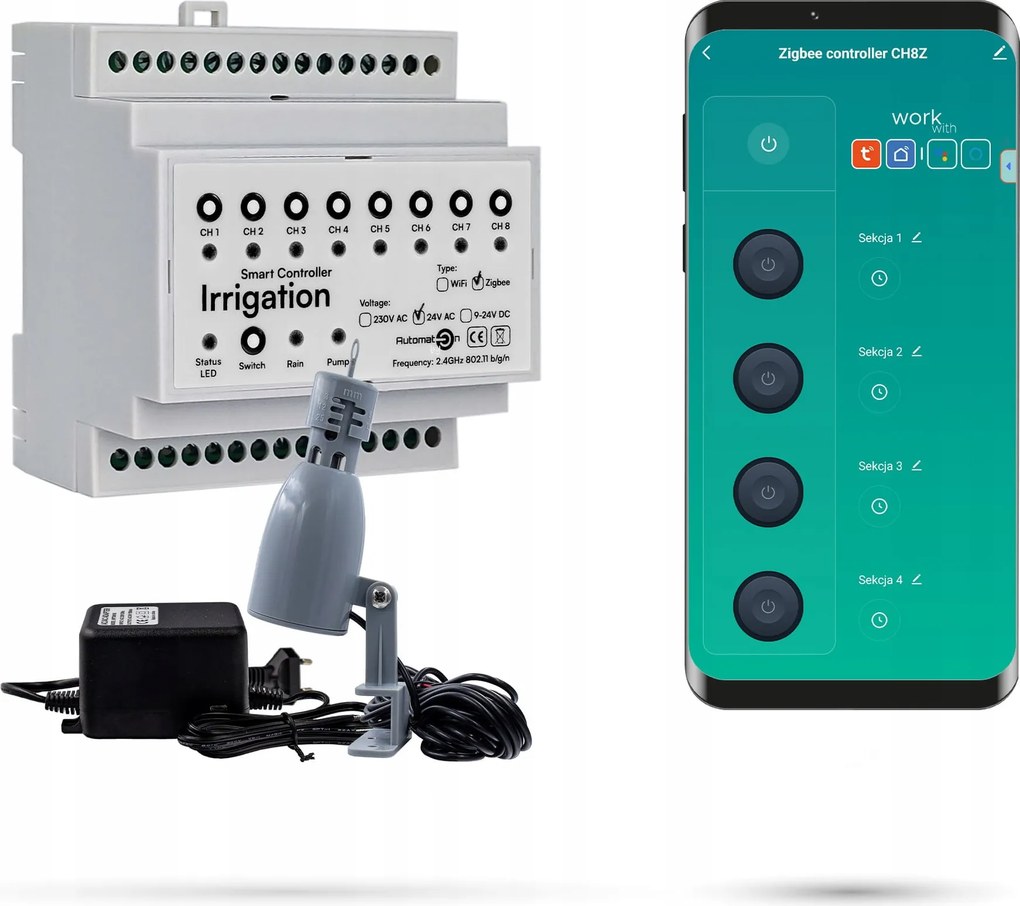 Tuya 8 részes Zigbee öntözésvezérlő tápegységgel és esőérzékelővel