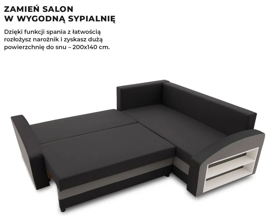 Grande sarokkanapé polcokkal , polc a jobb karfaban, jobboldali, szövet anyag, bonell töltet, fekete - szürke