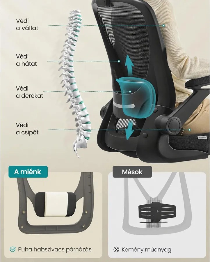 Irodai szék összecsukható karfákkal, ergonomikus számítógépes szék, fekete