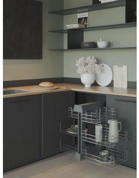 Konyhai fémrács, sarokszekrénybe, teljes kihúzás, csillapított záródás, króm, univerzális, 900mm, 450mm ajtó szélesség, Sige Green Line 340