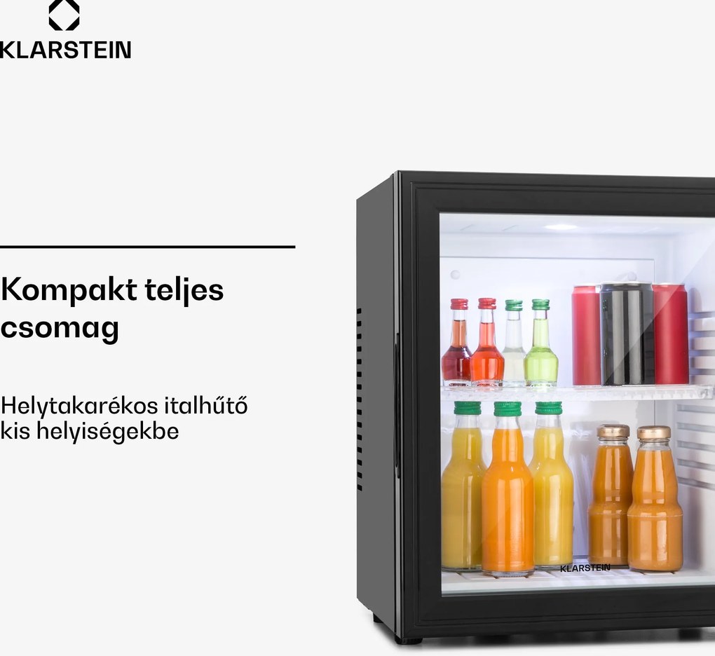 Klarstein Brooklyn minibár, 30 liter, F energiahatékonysági osztály, fekete, üveg