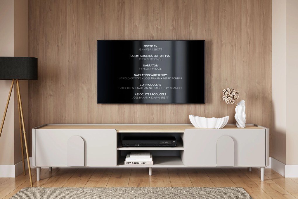 Amilio RTV szekrény 220 cm - kasmír / olajozott tölgy / kasmír fogantyú