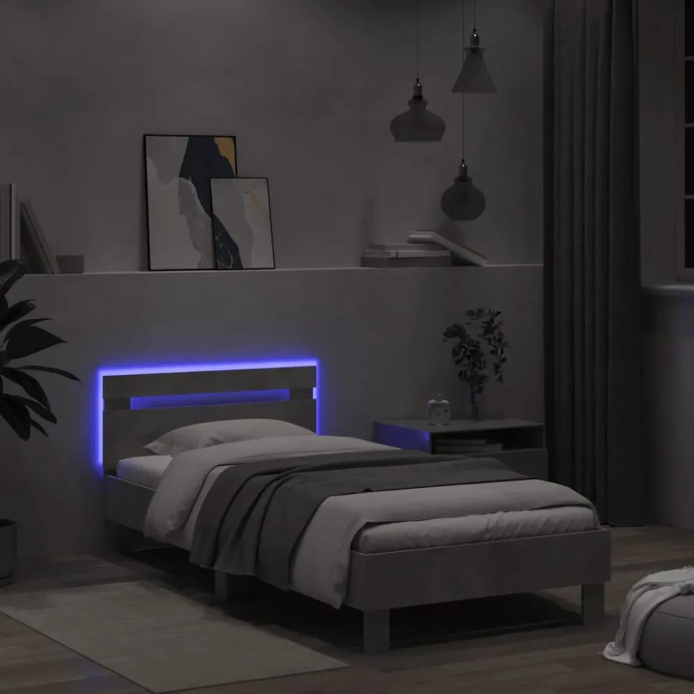 betonszürke ágykeret fejtámlával és LED-világítással 100x200 cm