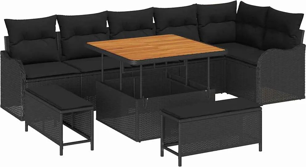 vidaXL Kerti Kanapé Szett párnával 9 pcs Fekete polirattan