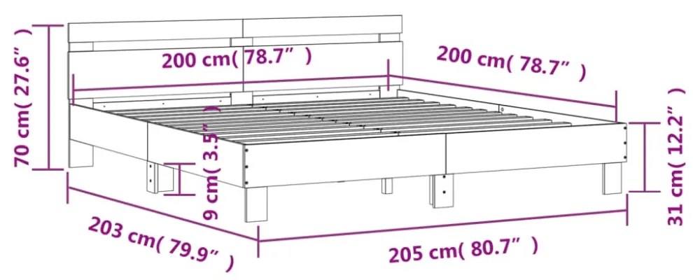 füstös tölgy színű szerelt fa ágykeret fejtámlával 200 x 200 cm