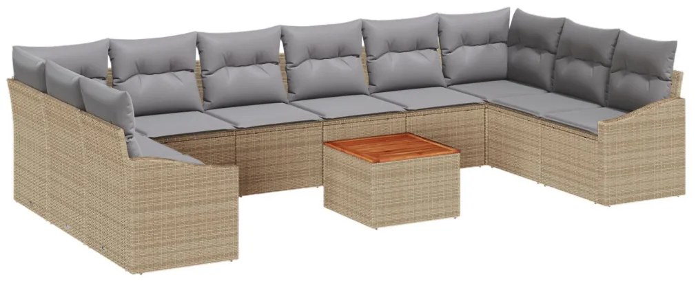 11 Részes Kert Sofaszett Párnákkal Bézs Poli Rattan Akác