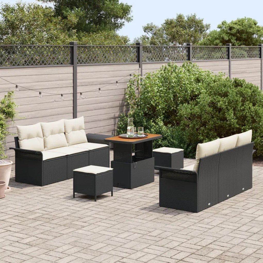 9 Részes Kert Sofa Szett Párnákkal Fekete Poli Rattan Akácia, 2-Személyes Kert Sofa Tárolóval és Párnákkal Fekete Poli Rattan, 3 Részes Kert Étkező Szett Párnákkal Fekete Poli Rattan Akácia
