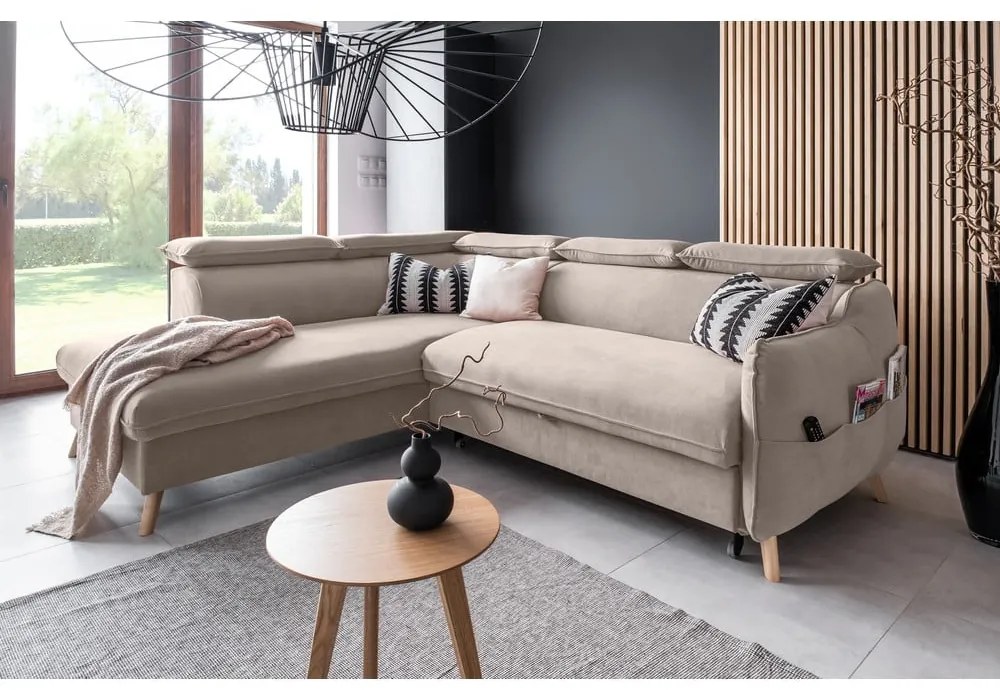 Bézs bársony kinyitható sarokkanapé (bal oldali) Sweet Harmony – Miuform