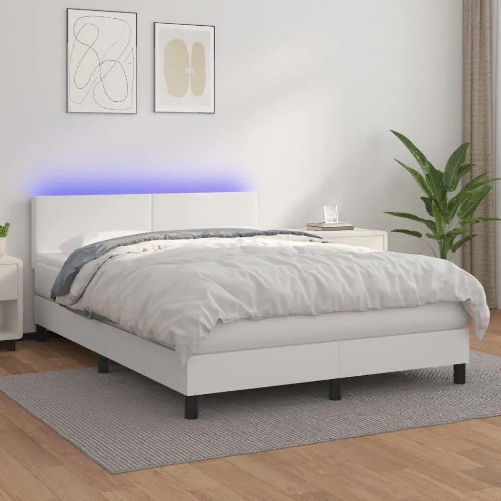 fehér műbőr rugós ágy matraccal és LED-del 140x190 cm