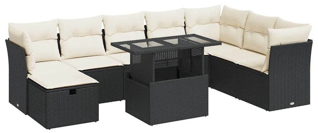 9 részes fekete polyrattan kerti ülőgarnitúra párnákkal