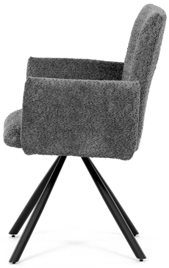 Scaun de sufragerie pivotant / Fotoliu de sufragerie, țesătură gri, picioare din metal negru, mecanism rotativ 90°/90° (stânga/dreapta) - funcție de resetare