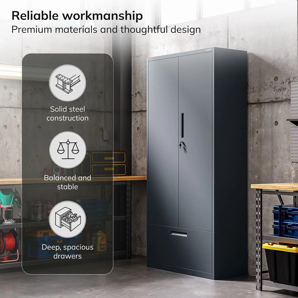 Moduláris többfunkciós fém szekrény magas fiókkal antracit MEGAN 1950 x 900 x 400 mm