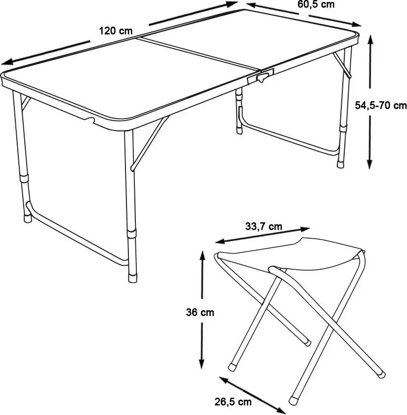 Kempingasztal szett, 1 összecsukható, állítható magasságú asztallal és 4 székkel, fehér, fémvázas, hordozható kivitel, 30 kg teherbírás