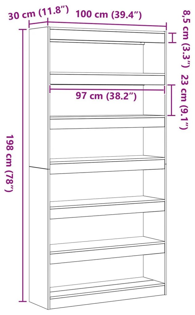 Könyvespolc Fekete tölgy Szerelt fa 100 x 30 x 198 cm Polcolás