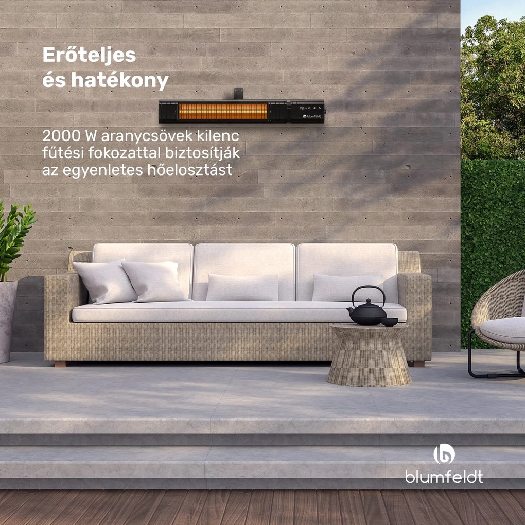 Blumfeldt Gold Bar Slim 2000 W sugárzó fűtőtest, 9 fokozat, WiFi funkció, érintésvezérlés, távirányító, IP 65