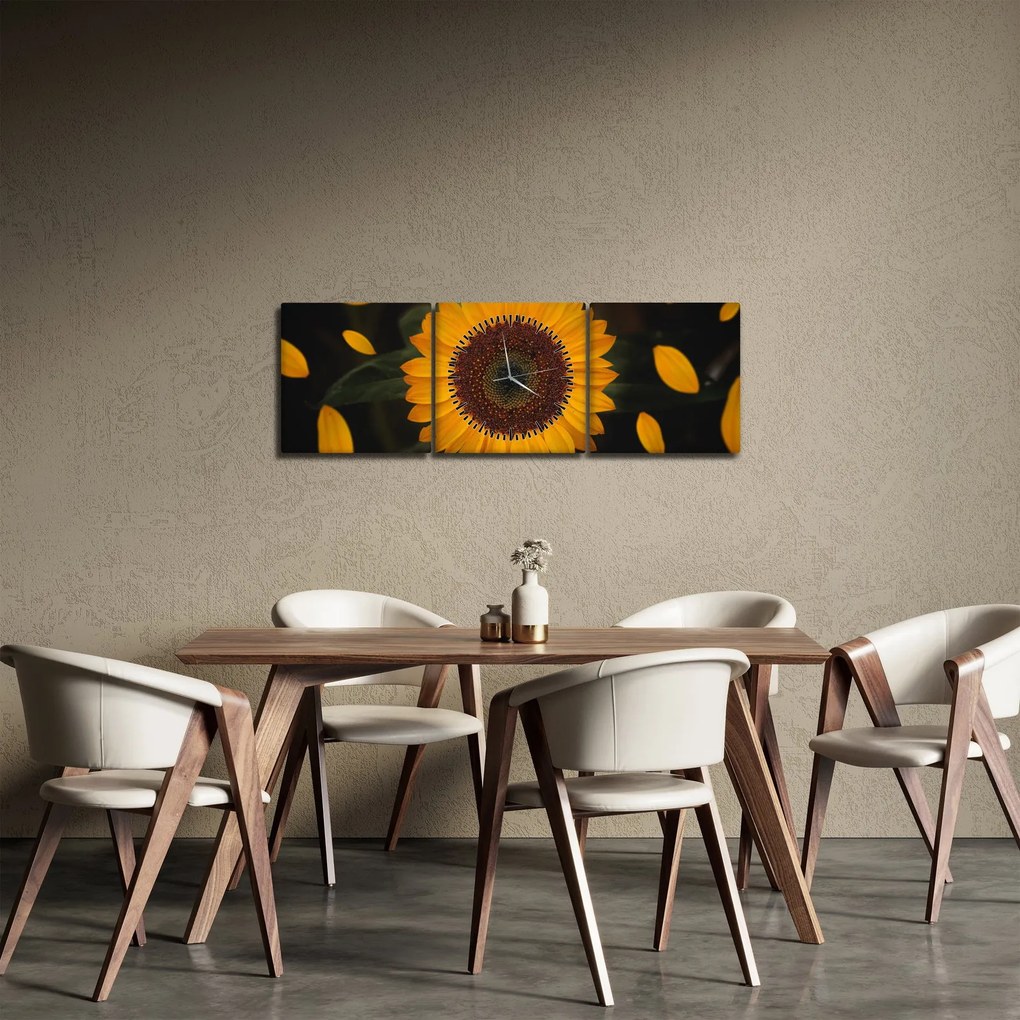Kép - Napraforgók és a virágszirmok (órával) (90x30 cm)