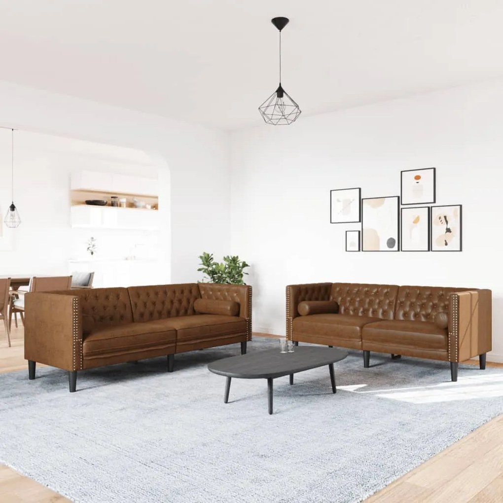 2 részes barna művelúr Chesterfield kanapészett hengerpárnákkal
