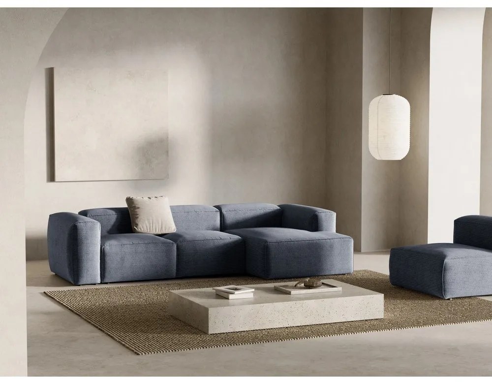 Szürkéskék kordbársony sarokkanapé (jobb oldali-heverő résszel) Bergamo – Cosmopolitan Design
