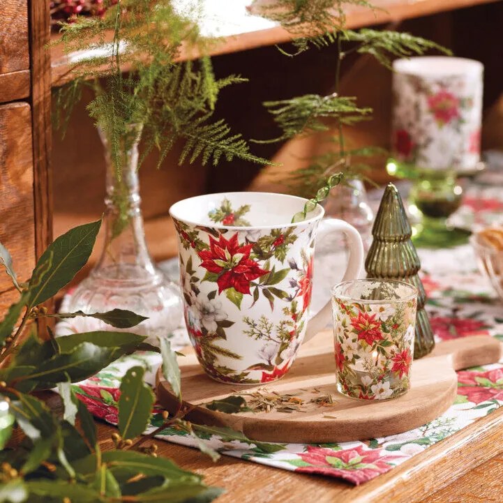 Mikulásvirágos karácsonyi duplafalú borosilicate üveg csésze Christmas florals