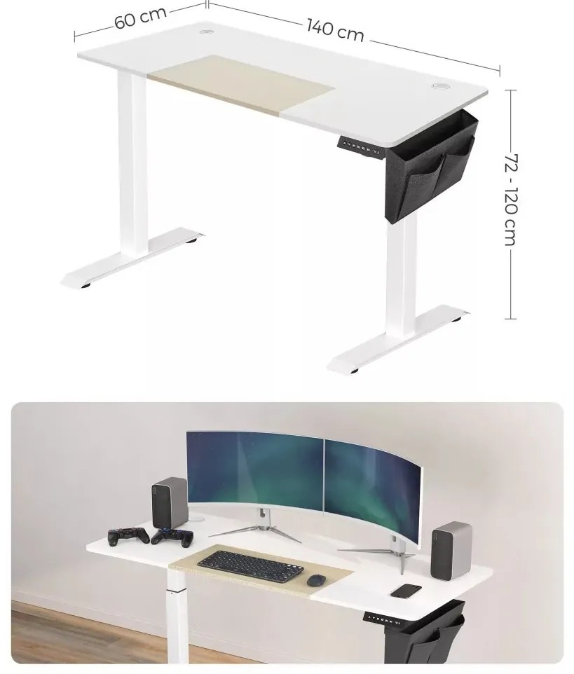 Íróasztal, elektromosan állítható magasság, bézs és fehér 60 x 140 x (72-120) cm