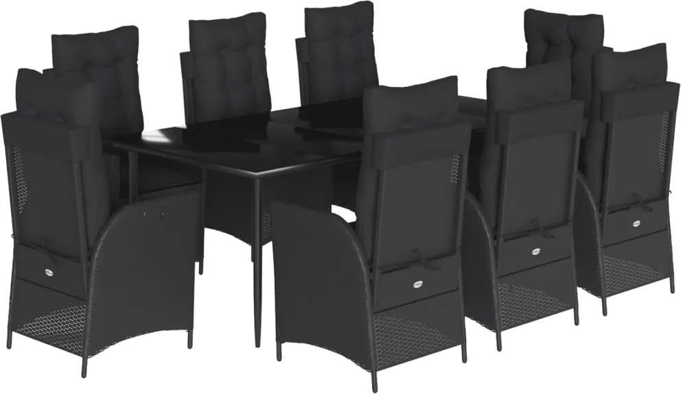 vidaXL 9 részes fekete polyrattan kerti étkezőgarnitúra párnákkal