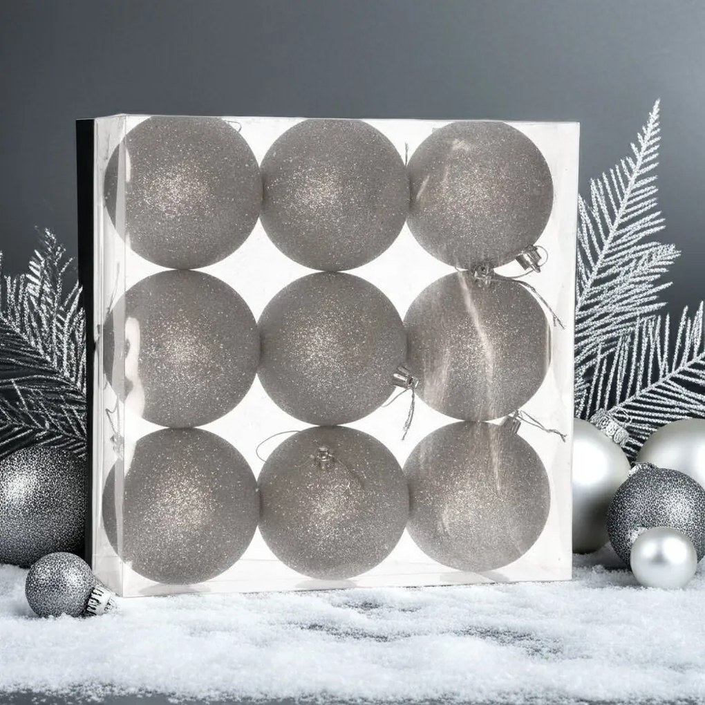 Ezüst glitteres műanyag karácsonyi gömb szett 9x8cm