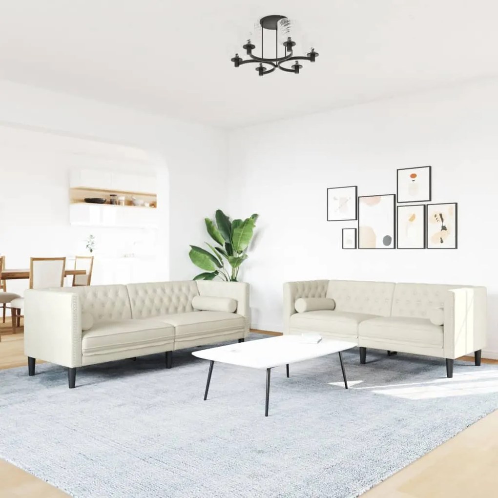 2 részes krémszínű bársony Chesterfield kanapészett párnákkal