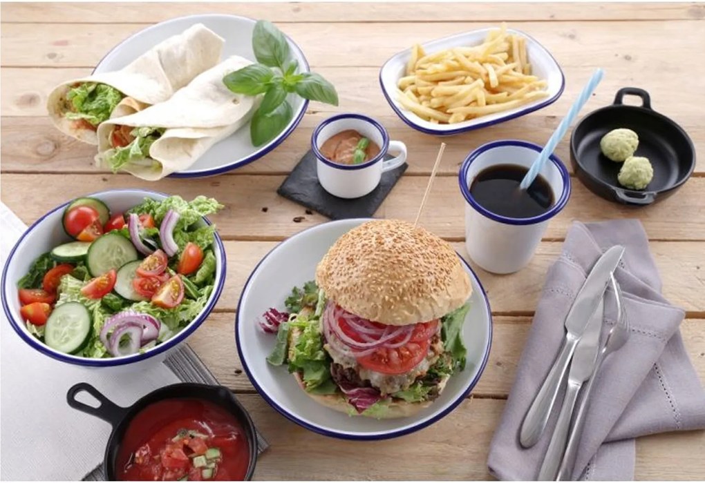 Zománcozott Bögre Fogantyúval Fehér, Kék 360 ML Acél