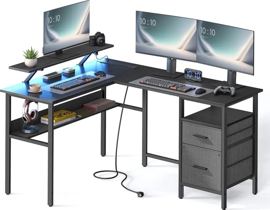 L alakú sarokíróasztal LED világítással, 4 konnektorral, 2 USB-porttal és monitorállvánnyal, 150 x 120 x 76 cm, fekete