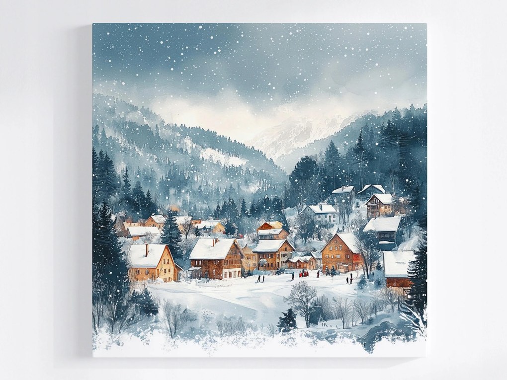 Vászonkép Canvas Tél Tájkép Hegyek Falu Település Házak Hó Erdő 40x40