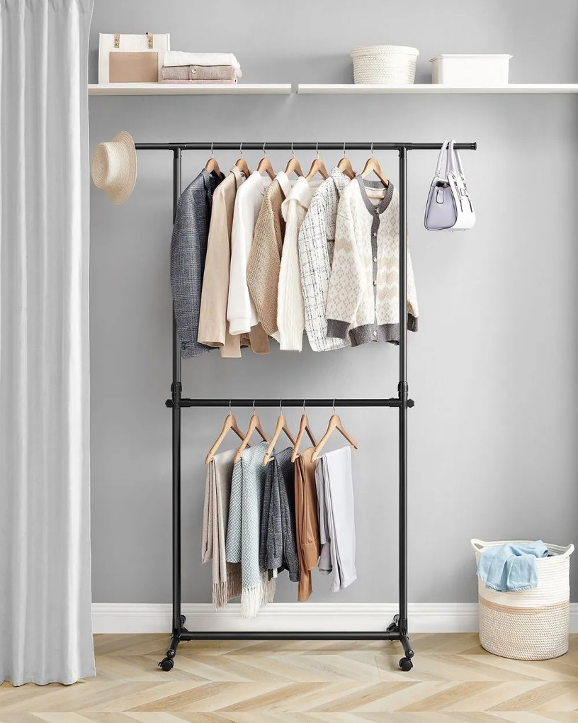 JASON dupla ruhatartó állvány, 101-165x49x113-180cm, fekete SongmicsHome