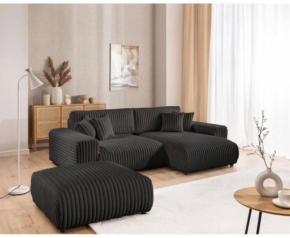 Sötétszürke kordbársony kinyitható-tárolóhelyes sarokkanapé (jobb oldali) Sarina – Ropez