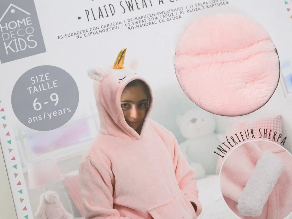 HOODIE UNICORN rózsaszín gyermek ujjas pléd ujjal és kapucnival