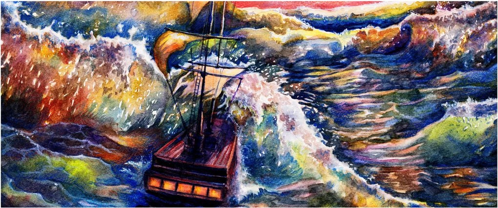 Kép - Hajó az óceán hullámain, aquarel (120x50 cm)