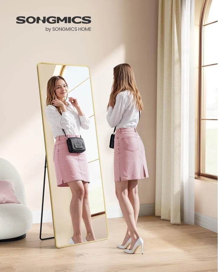 Álló tükör alumínium kerettel, edzett üvegből, világos arany színben