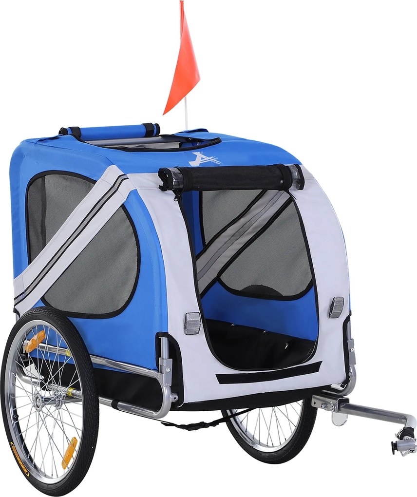 PawHut Háziállat Bicikli Trailers 8 Reflektorral, Zászlóval, Csúszótartóval, Acél, Poliészter, Vízálló, Max. 30 Kg 130L x 73W x 90H cm Fehér és Kék |