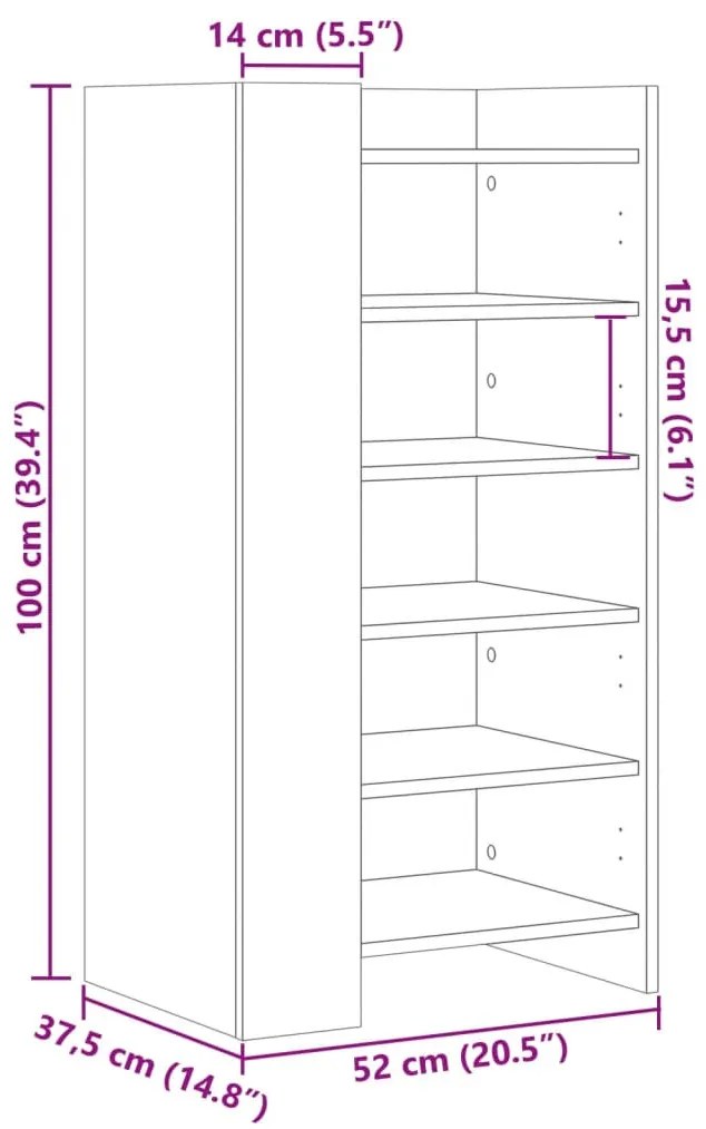 füstös tölgy színű szerelt fa cipőszekrény 52 x 37,5 x 100 cm