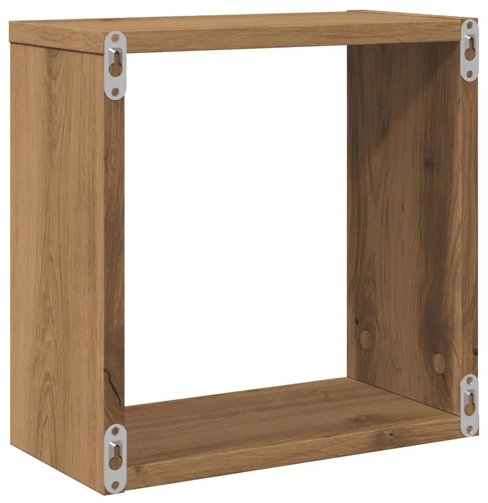 2 db kézműves tölgyszínű szerelt fa fali kockapolc 30x15x30 cm