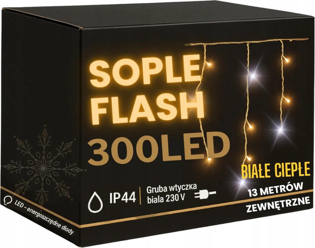 Jégcsap 300 Led 13 m Fehér Meleg Flash Kültéri Függöny Gumi Kábel
