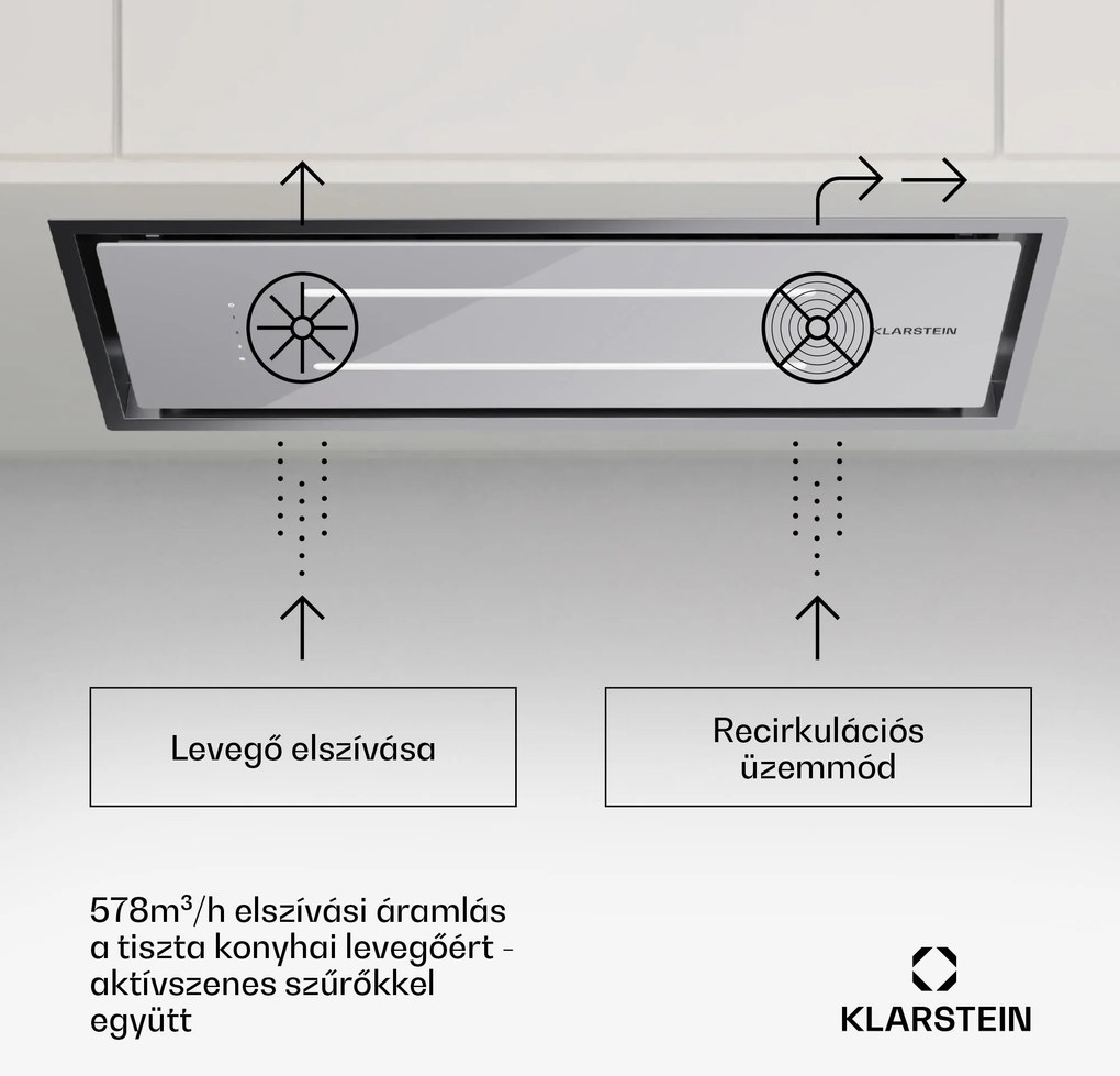 Klarstein High Line Eco 90, Mennyezeti páraelszívó, 90 cm, 436 m³/ó, fokozatok, távirányító, környezeti világítás