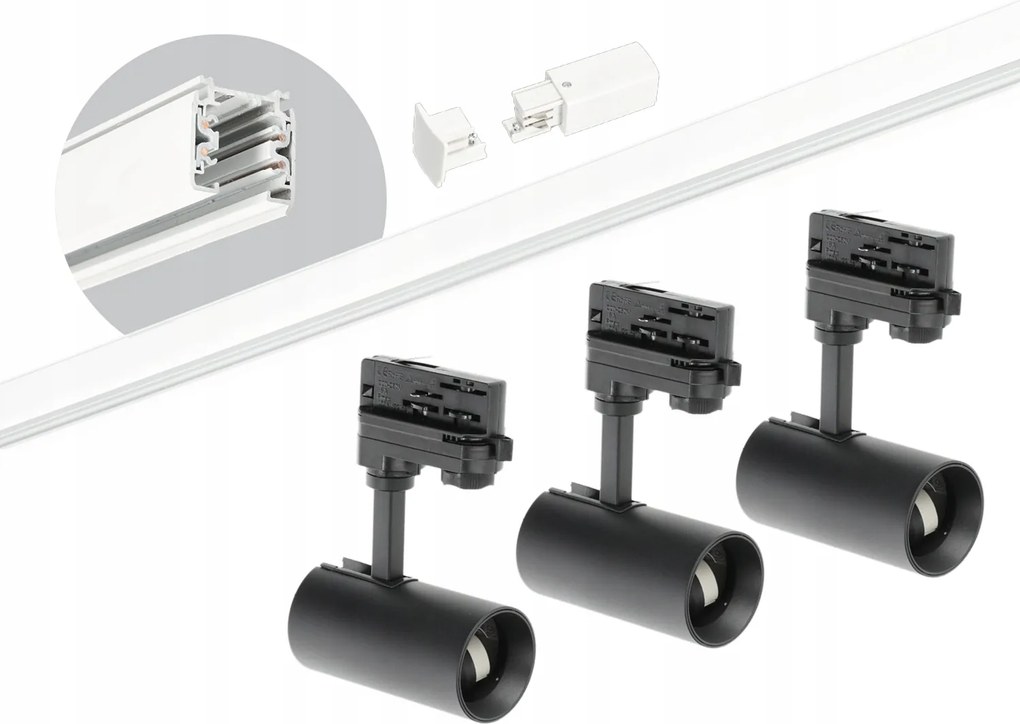 Sín szett 3 fázisú sín fehér 2m, 3x Lámpa Fekete komplett szett