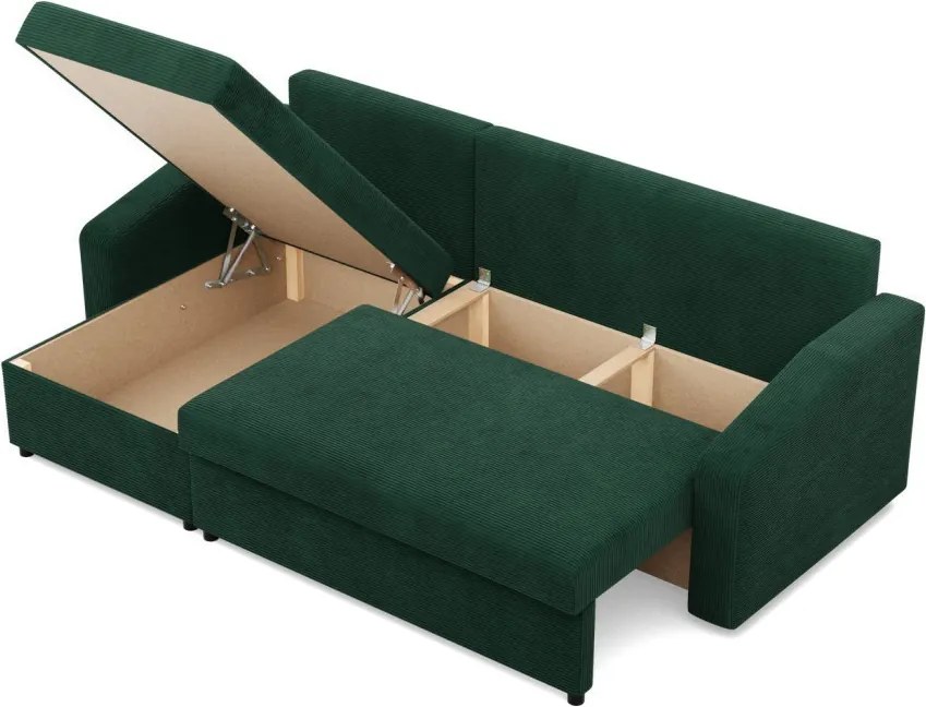 Zeus sarokkanapé, 2 ágyneműtartóval, döntött kartámasz, kordbársony, univerzális oldal, hab töltet, zöld