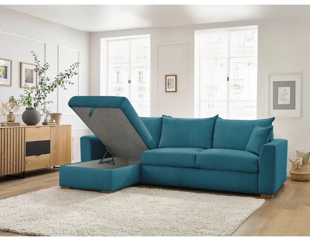 Kék kordbársony kinyitható sarokkanapé (variálható) Augustin – Bobochic Paris