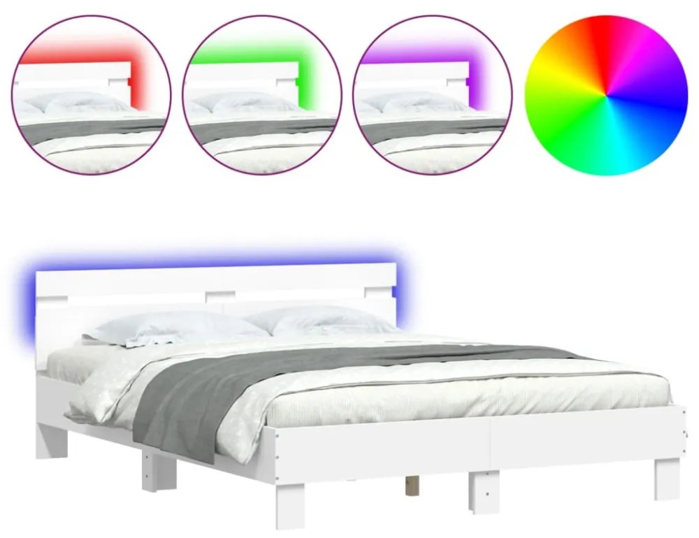 fehér ágykeret fejtámlával és LED-del 140 x 190 cm